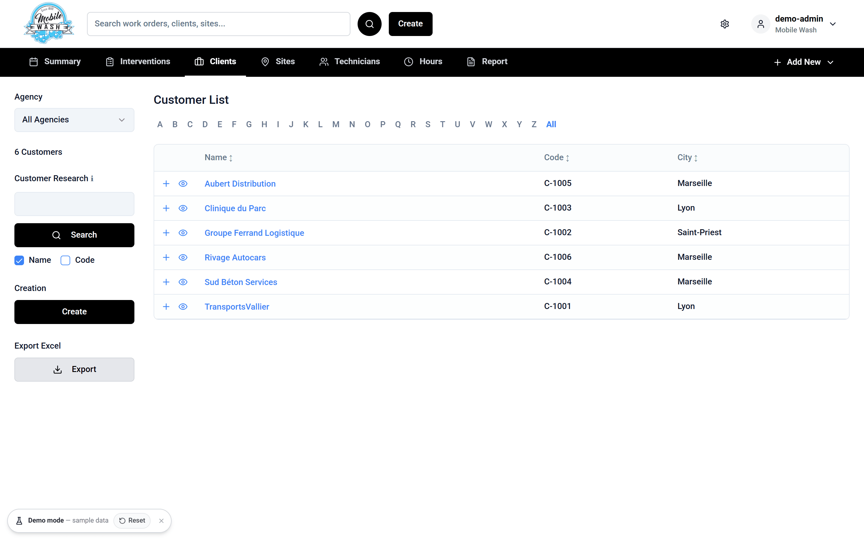 Liste des clients avec filtre de A à Z, recherche, création et export Excel