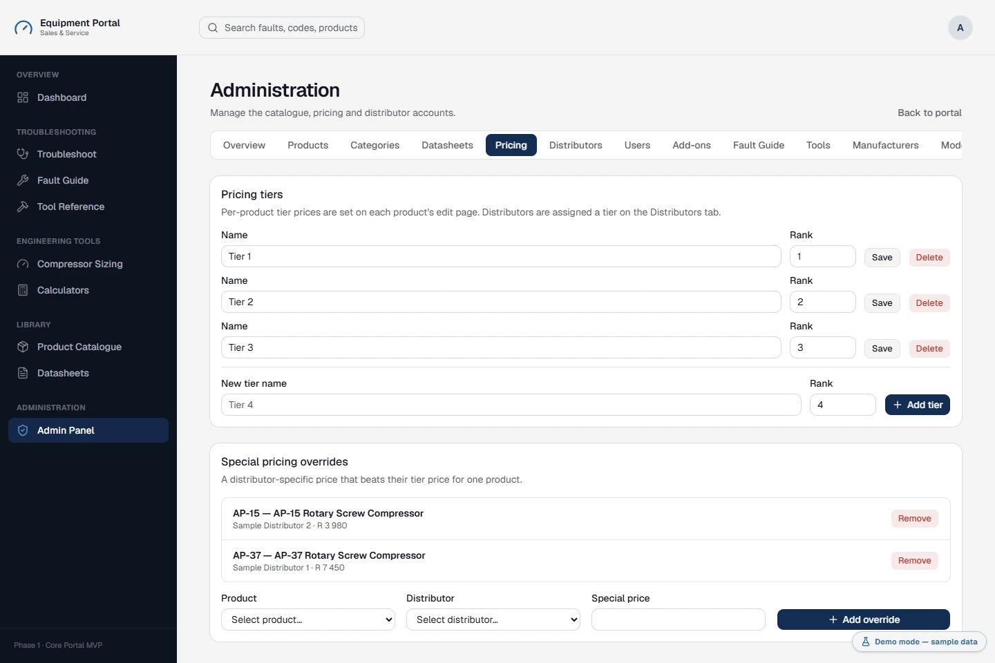 Espace administrateur de gestion des prix et des niveaux tarifaires