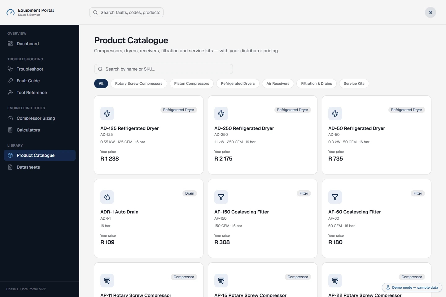 Catalogue produits avec équipements génériques, caractéristiques et prix distributeur