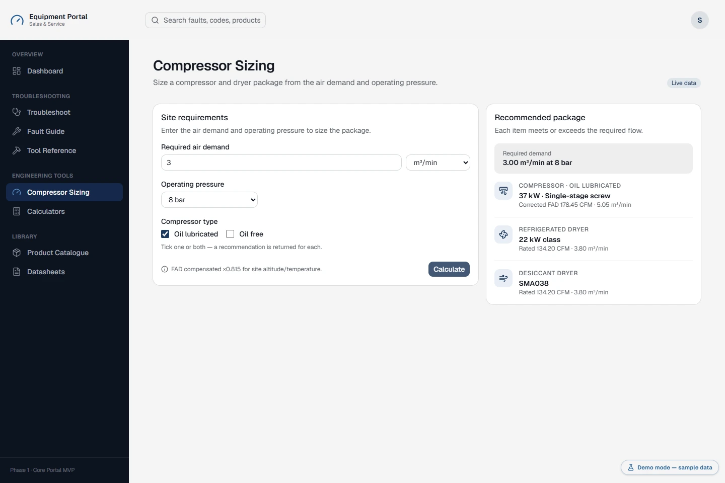 Outil de dimensionnement de compresseurs avec les besoins saisis et les équipements calculés